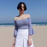 夏季新款韩版修身条纹一字领七分袖T恤 百搭显瘦短款上衣女潮学生