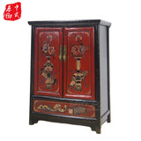 中式手工彩绘鞋柜明清古典花卉红黑玄关柜隔断装饰柜两门老榆木柜