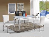 时尚现代简约经济型长方形冰花钢化玻璃餐桌椅组合白色烤漆罗马脚