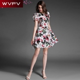 WVFV2016夏季新款收腰显瘦大摆圆领短袖印花荷叶边短裙真丝连衣裙