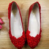 定制红色蕾丝花珍珠平跟平底女士单鞋新娘鞋礼服鞋拍照鞋伴娘鞋