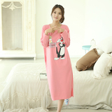 春秋季韩版女士睡衣纯棉大码宽松可爱家居服猫和老鼠长款长袖睡裙