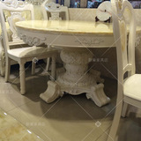 欧式大理石餐桌圆桌 别墅餐桌实木雕花描银餐桌 象牙白餐桌椅组合