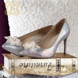 JESSICA SOPHIA银色蛇皮水晶雕花高跟鞋灰姑娘水晶鞋尖头细跟女鞋