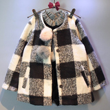 2015冬装新款女童复古格子毛球加绒加厚呢子大衣外套 ER10411