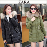 Zara女装2015冬季新款韩版时尚直筒大码毛领中长款羽绒服女棉衣潮