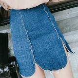2016韩版Stylenanda高腰显瘦时尚个性开叉包臀短款毛边半身裙
