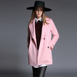 欧洲站2015冬装新款韩版双面呢茧型藕粉色毛呢外套女中长款呢大衣