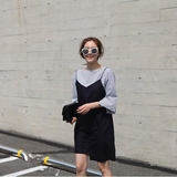 夏装新款韩版chic气质圆领条纹衬衫+纯色无袖吊带连衣裙 两件套装