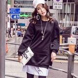2016韩版新款秋冬套头宽松长袖加绒假两件套中长款纯色百搭卫衣女