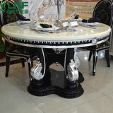 新古典圆餐桌椅组合欧式大理石饭桌一桌六椅黑色银箔酒桌实木餐桌