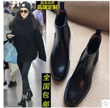 香港代购2016欧美真皮马丁靴圆头低跟平底女靴裸靴女短靴切尔西靴