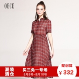 Oece2016夏装新款女装 复古文艺范格纹短袖高腰雪纺连衣裙夏HS280