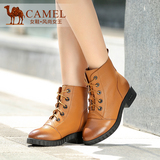 Camel/骆驼女鞋 休闲 牛皮圆头中跟系带短靴 2015新款马丁靴 女