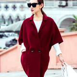 2015秋季纯手工双面羊绒呢大衣女西装领 茧型中长款毛呢外套短袖