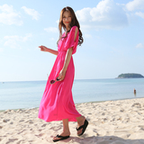 佑游2015夏季新款素色波西米亚风格圆领雪纺沙滩度假女长裙