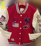 MLB 2015年 NY洋基队皮袖棒球服 男女士星星呢子情侣装棒球外套