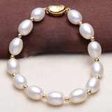 天然珍珠手链米形淡水珍珠8-9mm强光无瑕925银手饰手串送女友正品