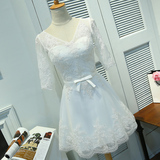新款V领蕾丝修身显瘦中袖白色蝴蝶结晚宴新娘短款礼服时尚晚礼服