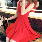 2016夏季新粗吊带连衣裙大红色露肩小红裙性感女款修身a字短裙子