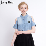jessy line2016夏装新款 杰茜莱百搭露肩性感牛仔衬衫 女休闲衬衣