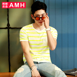 AMH男装韩版2016夏装新款时尚男士圆领条纹短袖T恤 男NX4252恊