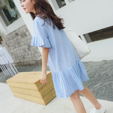BONNIE2016夏季新款韩版高腰裙子a字裙宽松条纹衬衫中长款连衣裙