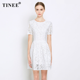 Tinee 2016夏季新款白色蕾丝连衣裙 V领露背高腰名媛公主裙小白裙