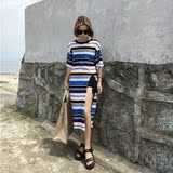 韩国夏装彩色条纹中长款个性开衩宽松短袖T恤女学生连衣裙长裙潮