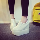2016秋季厚底内增高女鞋12cm白色PU皮鞋超高跟平底单鞋休闲鞋布鞋