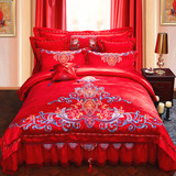 慧爱富安娜刺绣婚庆四件套大红结婚床品套件贡缎1.8m床品床盖床裙