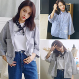 女装春装2016新款潮韩版宽松字母竖条纹蝙蝠袖衬衫女学生衬衣外套