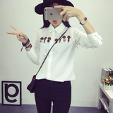 2015春秋季新款女装韩版大码刺绣白色衬衫女长袖学生学院风衬衣潮