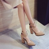 2016韩版磨砂包头高跟凉鞋女夏季真皮粗跟包跟舒适一字扣女士凉鞋