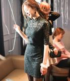 12韩国代购正品Cherryko冬装墨绿色蕾丝修身中袖气质连衣裙宴会