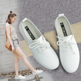 夏季韩国女鞋黑白色帆布鞋女韩版学生系带皮面小白鞋女休闲鞋球鞋