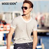WOODSOON男士条纹短袖t恤青年海军海魂衫夏季V领潮流修身休闲体恤
