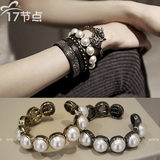 韩国代购时尚韩版复古个性夸张金属欧美风珍珠装饰开口手镯女手链