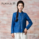 Pukka/蒲牌春秋装女衬衣加大码原创设计师品牌亚麻刺绣长袖衬衫