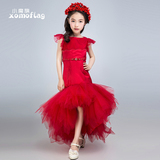 小魔旗主持人儿童礼服女童花童红色走秀演出服儿童婚纱礼服拖尾裙