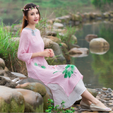 2016民族风女装手绘唐装改良旗袍素麻仙女长裙宽松版假两件