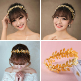 韩式新娘发饰 金色叶子发箍头饰 全手工珍珠 复古婚纱配饰批发