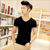 夏季新款韩版V领短袖T恤青少年修身纯色打底衫男装上衣半袖