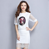 【天天特价】韩版夏季女蕾丝镂空修身大码两件中长款连衣裙套装