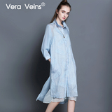 Vera Veins夏季新款文艺宽松中长款真丝亚麻刺绣花七分袖衬衫裙
