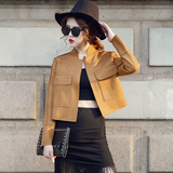 短外套女秋2016新款韩版修身长袖立领口袋纯色麂皮绒开衫夹克潮