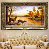 手绘欧式风景油画福鹿壁画餐厅客厅沙发背景墙装饰画横版风水挂画