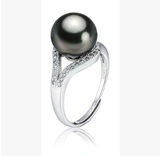 正圆强光天然大溪地黑珍珠戒指925银指环开口戒指圈送妈妈