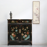 现代中式仿古典实木做旧彩绘花鸟装饰玄关边柜鞋柜文件收纳装饰