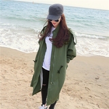 2016春秋韩国代购宽松女式长款军绿色立领长袖风衣蝙蝠袖大码外套